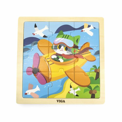 Развивающие игрушки из дерева Viga Toys Развивающая игра-пазл для детей Котик в самолёте (9 элементов) дерево 44632