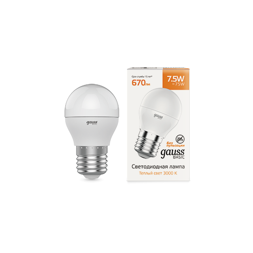 Лампа Gauss Basic Шар 7,5W 670lm 3000K E27 LED 220V