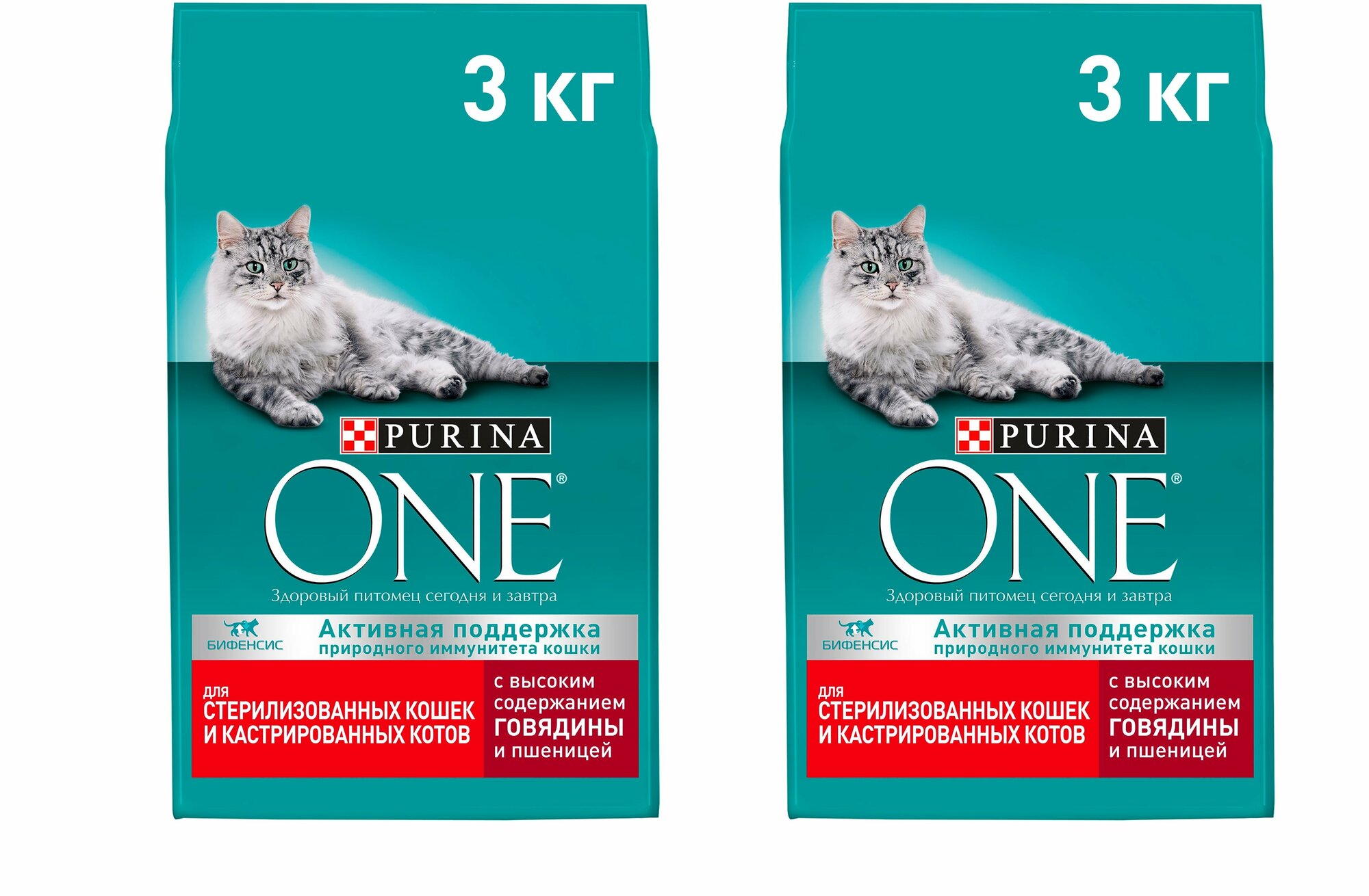 Сухой корм Purina ONE для стерилизованных кошек и котов с говядиной и пшеницей, пакет, 3 кг, 2 шт