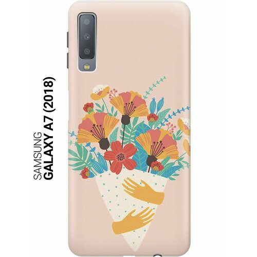 чехол книжка на samsung galaxy a7 2018 самсунг а7 2018 c принтом букет на розовом золотистый Силиконовый чехол на Samsung Galaxy A7 (2018), Самсунг А7 2018 с принтом Букет на розовом