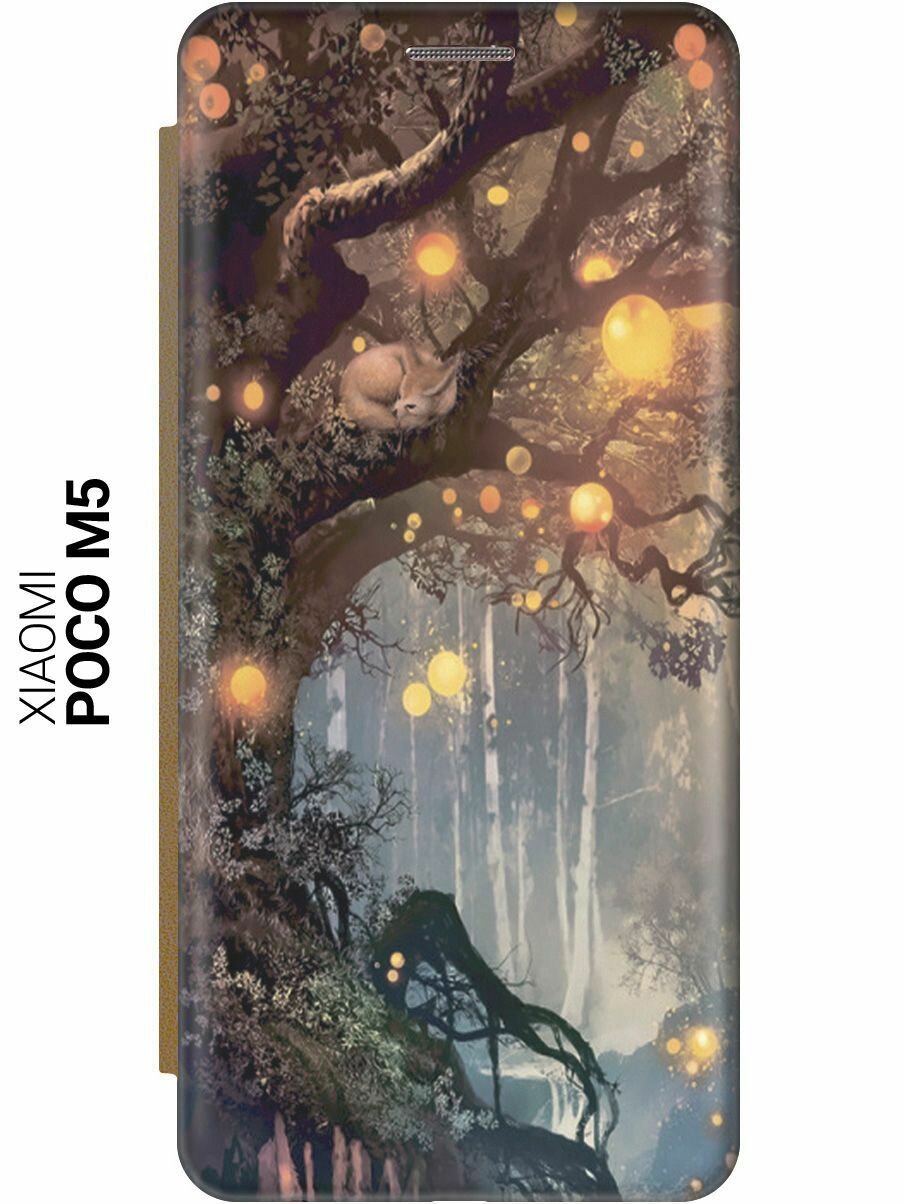 Чехол-книжка на Xiaomi Poco M5, Сяоми Поко М5 c принтом "Лиса на древе" золотистый