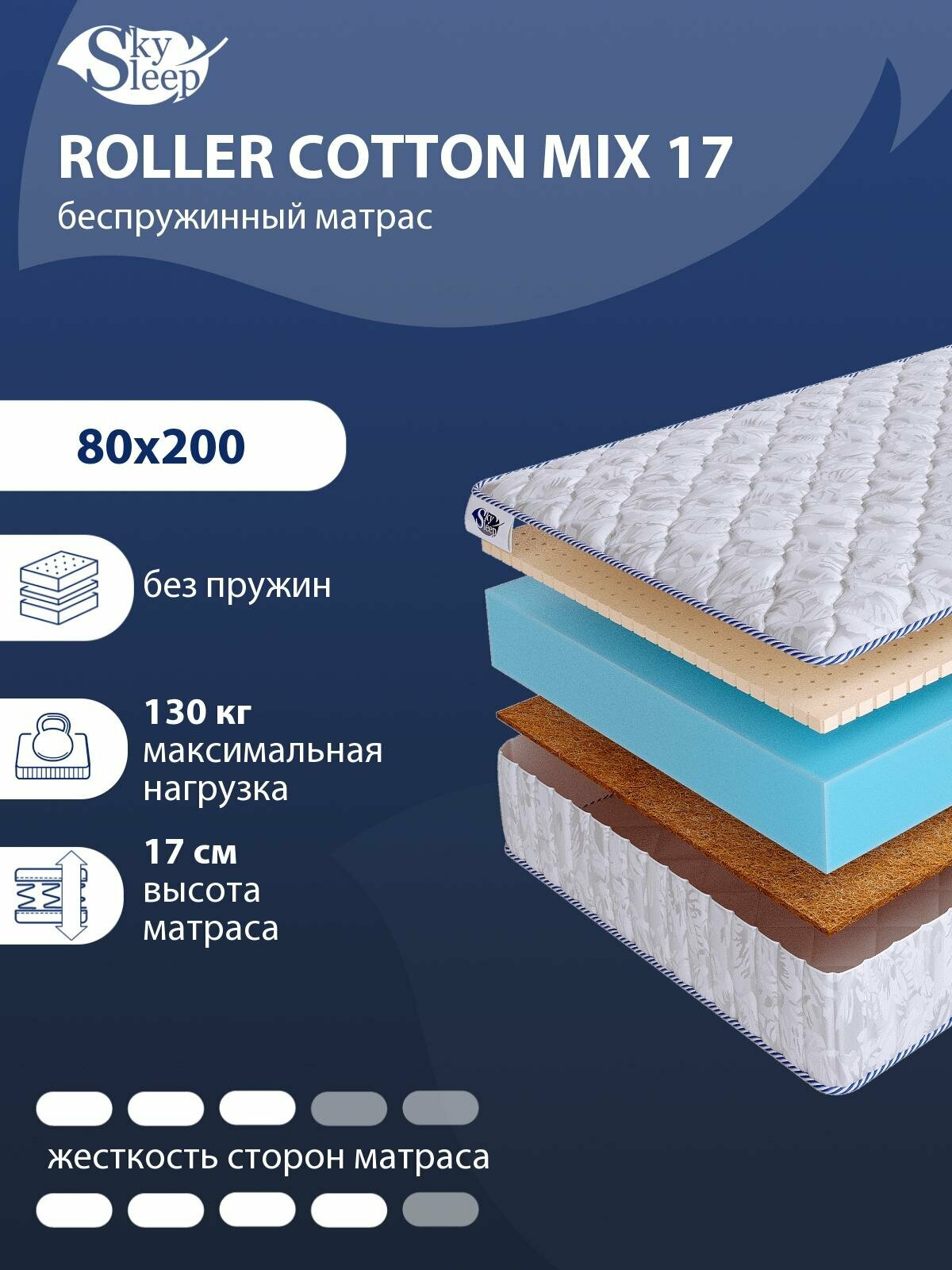 Беспружинный ортопедический матрас SkySleep FLEX Plus Mix 17 на диван кровать 80x200