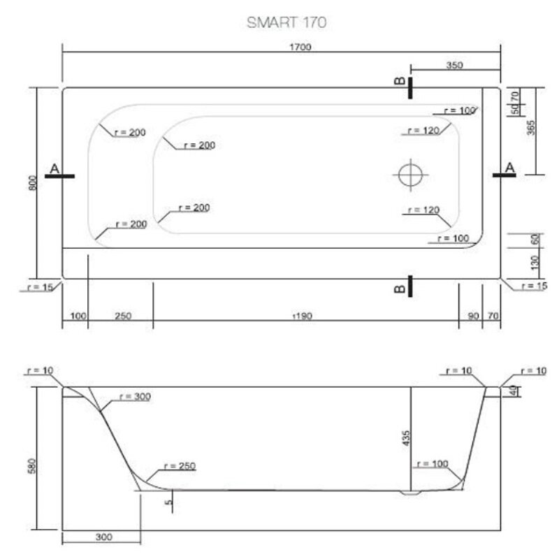 Ванна Cersanit SMART 170x80см правая белый (P-WP-SMART*170-RNL)