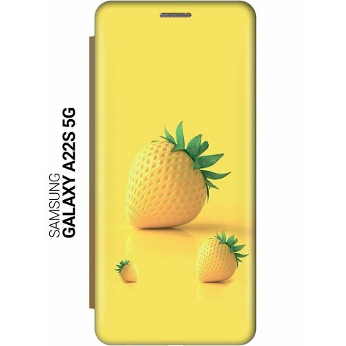 чехол книжка на samsung galaxy a22s 5g самсунг а22с c принтом синяя спираль золотистый Чехол-книжка на Samsung Galaxy A22s 5G, Самсунг А22с c принтом Желтая клубника золотистый