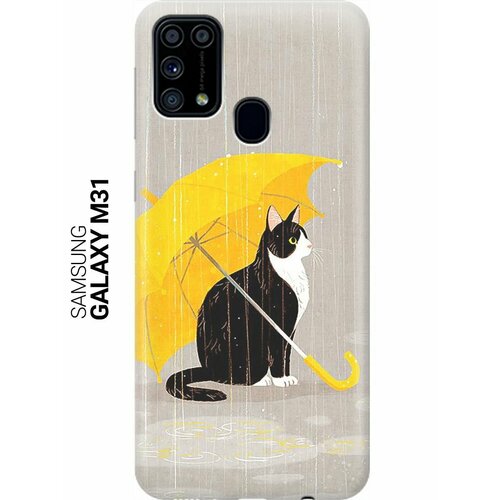ультратонкий силиконовый чехол накладка для samsung galaxy a02s с принтом кот с желтым зонтом Ультратонкий силиконовый чехол-накладка для Samsung Galaxy M31 с принтом Кот с желтым зонтом