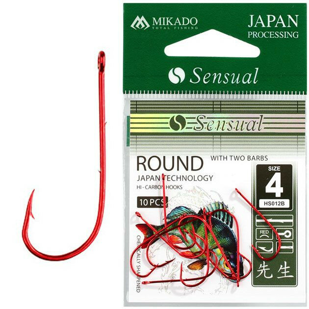 Крючки Mikado SENSUAL - ROUND с заусенцами № 4 RED (с ушком) ( 10 шт.)