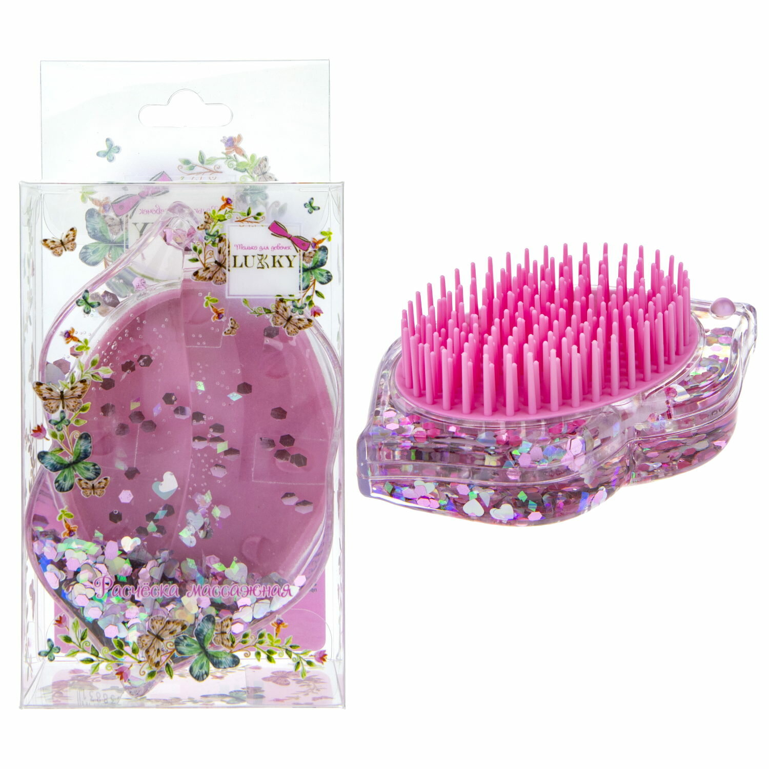фото Расчёска массажная Lukky"Губы", жидкость с блестками внутри, розовый