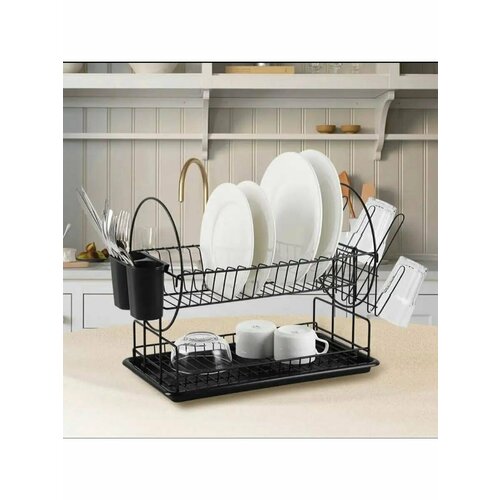 Двухуровневая сушилка для посуды с поддоном, черная