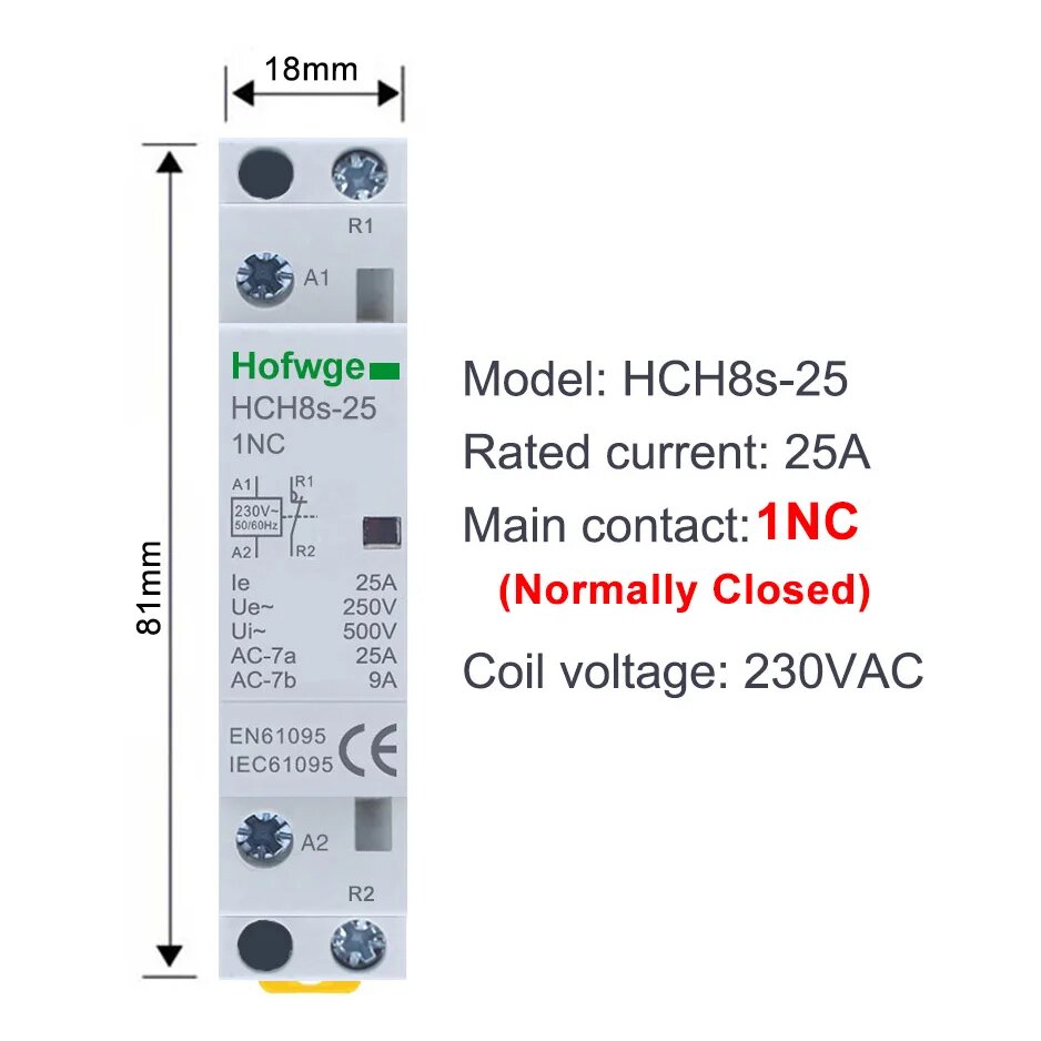 Контактор HOFWGE HCH8s-25 220В 25A 1NC AC230V