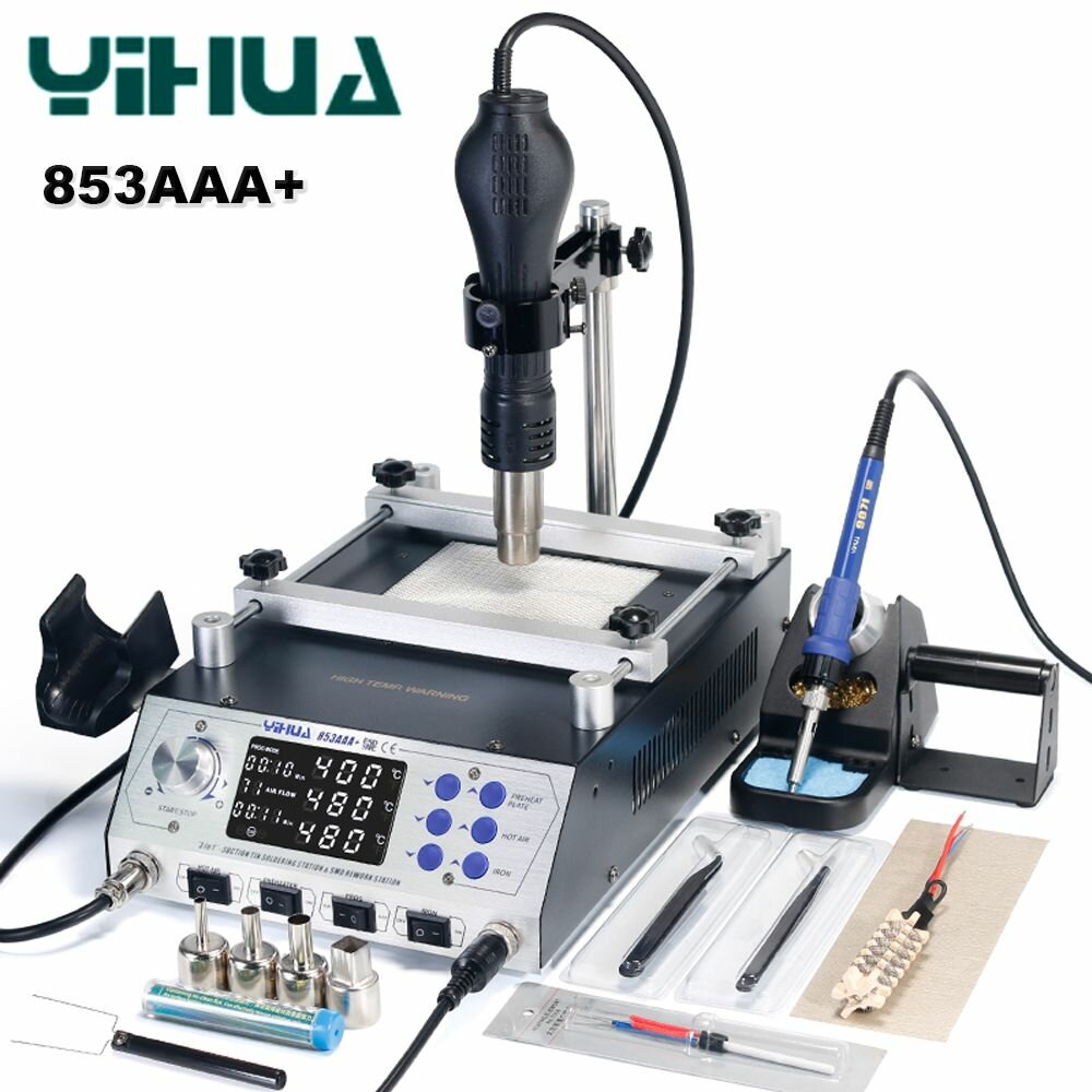 Изображение Паяльная станция YIHUA 853AAA + с программируемым управлением, 1200 Вт, с предварительным нагревом, Термофен, 3-в-1