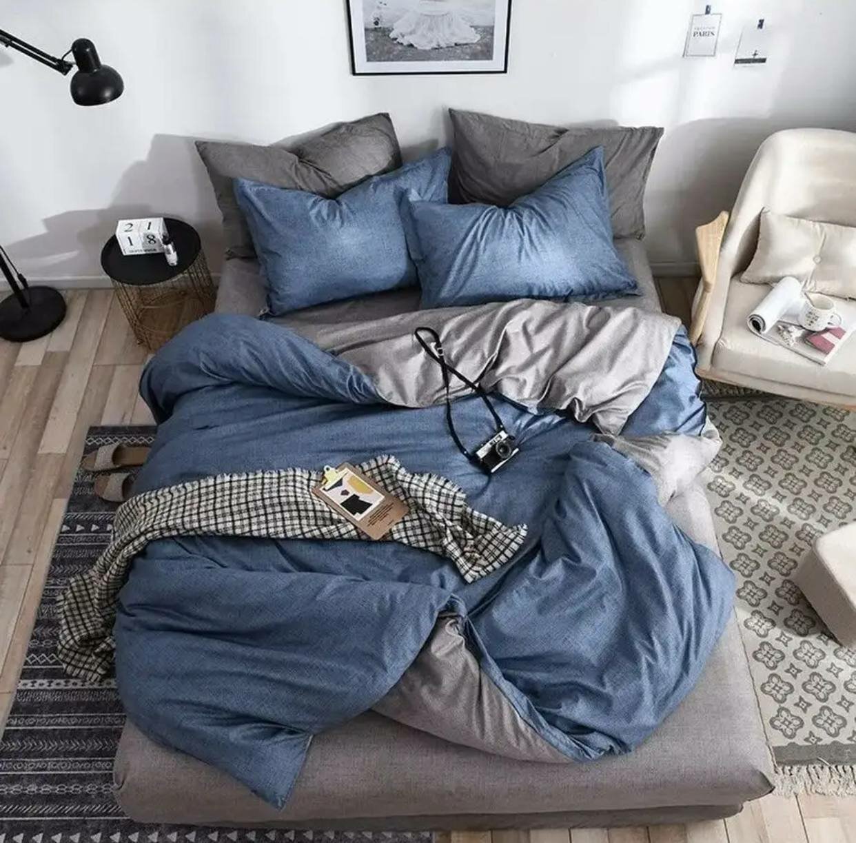 Комплект постельного белья Mency "Синий/серый" Евро, простыня на резинке