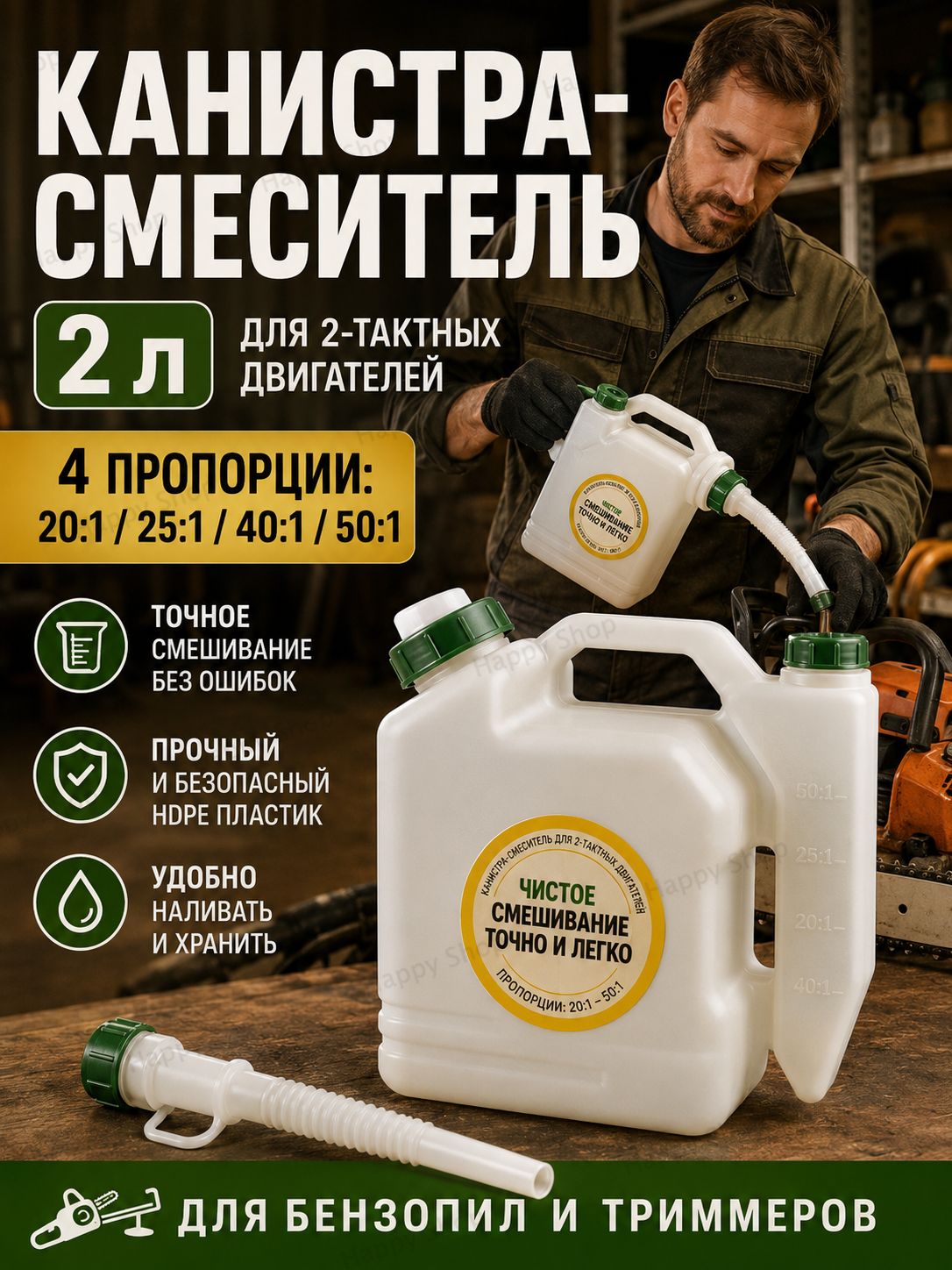 Канистра‑смеситель топлива 2 л для бензина и масла, для 2‑тактных двигателей, бензопил и триммеров, пропорции 20:1‑50:1