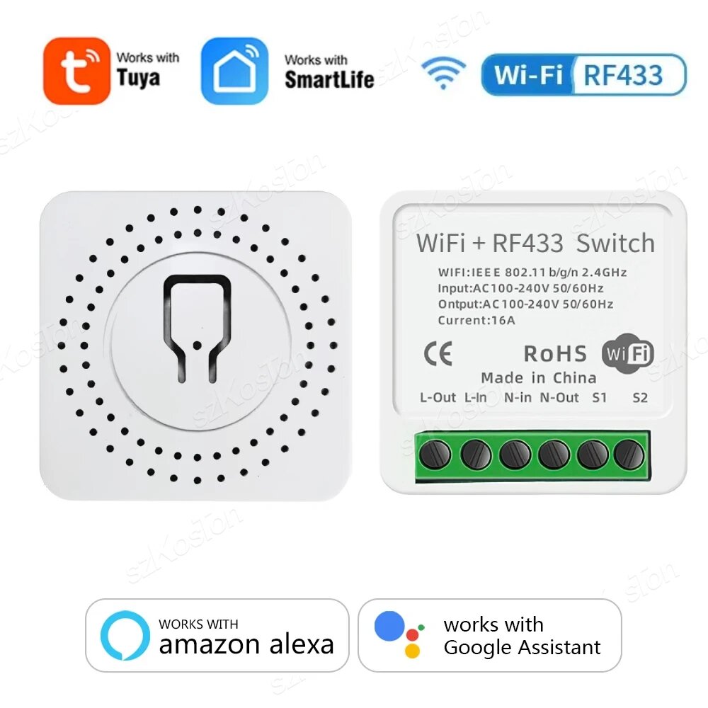 Умный выключатель SZKOSTON ZigBee Wi-Fi 16А, 1Pcs Tuya WiFi RF