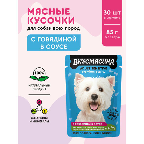 Корм влажный для собак вкусмясина "Кусочки с говядиной в соусе" (пауч), 85 г х 30 шт.