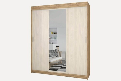 Изображение товара Шкаф-купе для одежды МногоМеб Сакура-17 трехдверный 200x55x220 см, 1 зеркало, дуб золотистый, анкор светлый