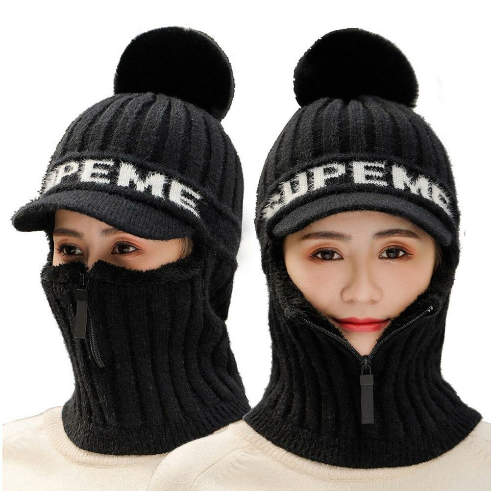 Зимний вязаный комплект из шапки шарфа шапки-бини на молнии шарфа-ушанки с флисовой подкладкой и помпоном ветрозащитной термошапки утеплителя для шеи для женщин и мужчин катания на лыжах и велосипеде