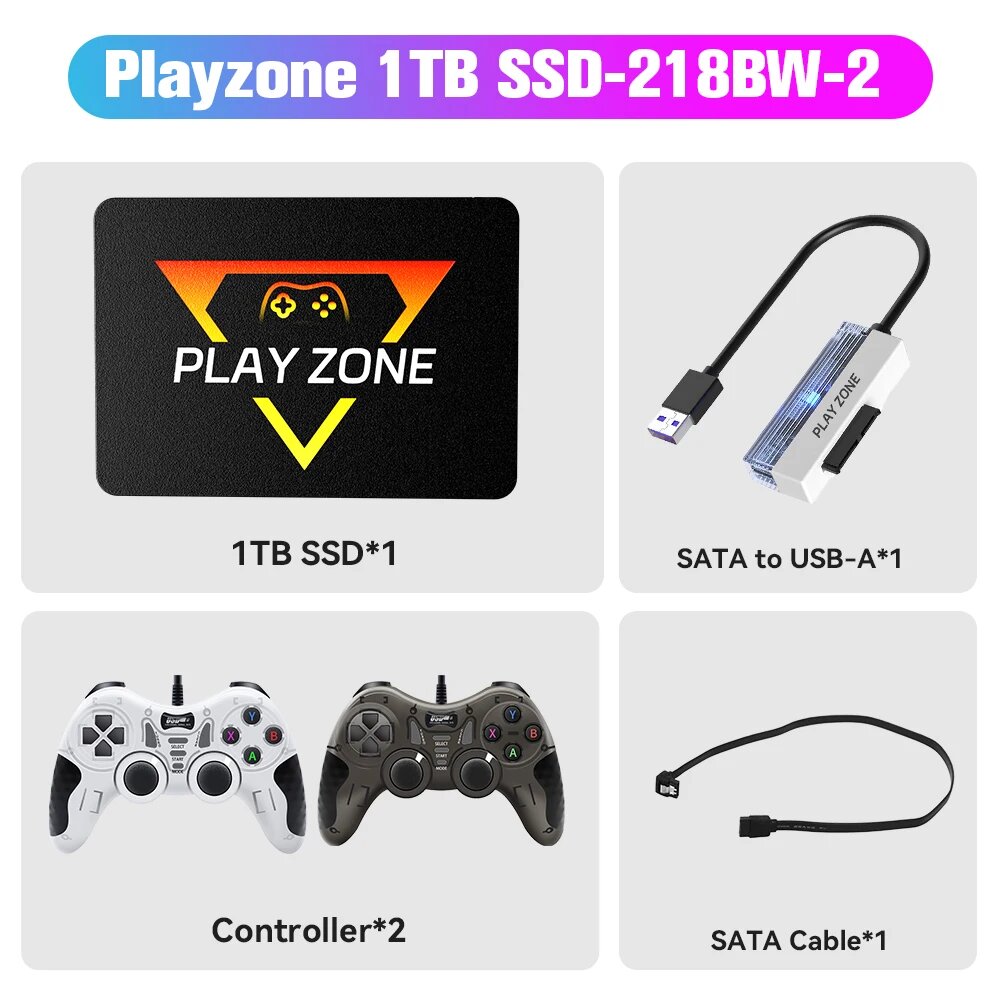 Игровые консоли Playzone 1 ТБ SSD с 16000 эмуляторами и 86 играми для ПК, 1TB SSD-218B-2