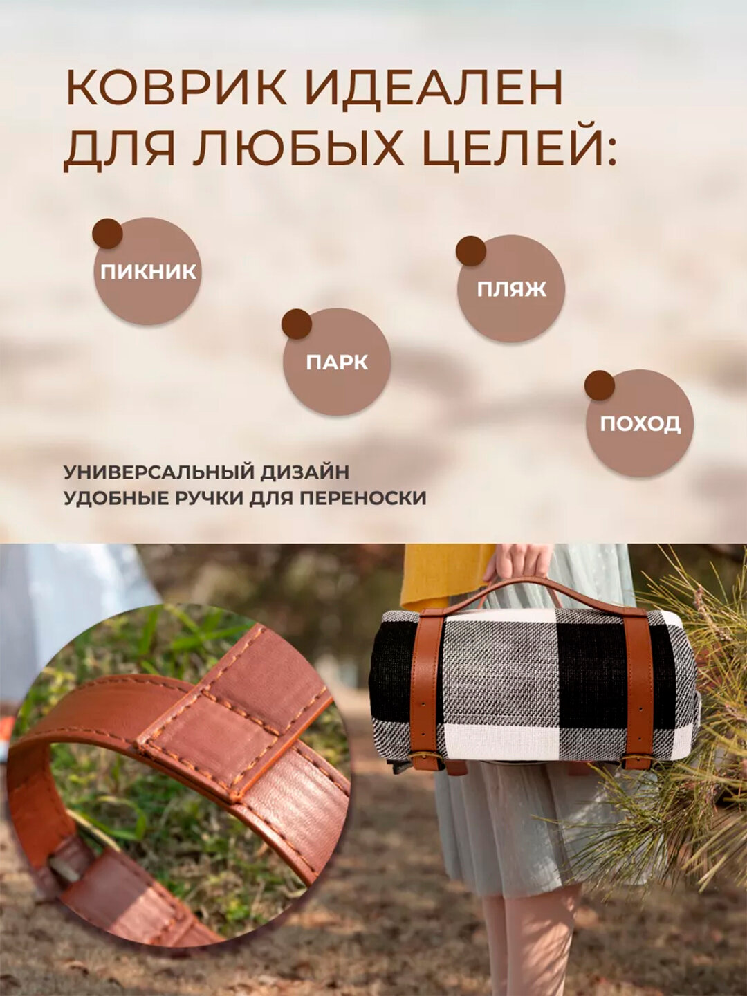 Плед , Складной плед коврик-сумка для пляжа, пикника, кемпинга 300*200 см — фото 1