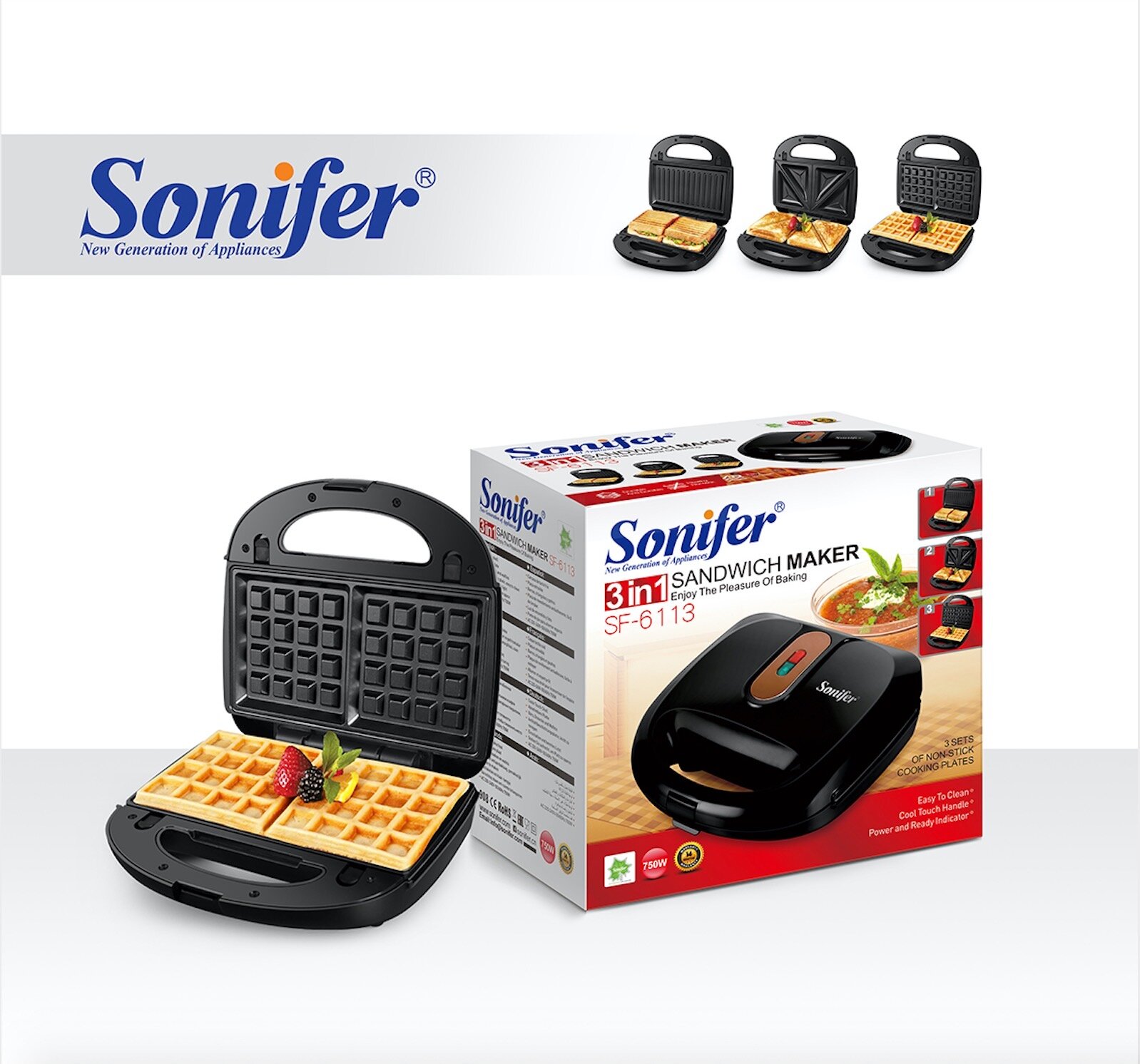 Вафельница 3 in 1, Sonifer SF-6113, антипригарное покрытие, с защитой от перегрева