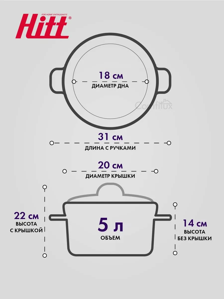 Кастрюля эмалированная 5 литров Hitt, с крышкой, для индукционных плит — фото 1