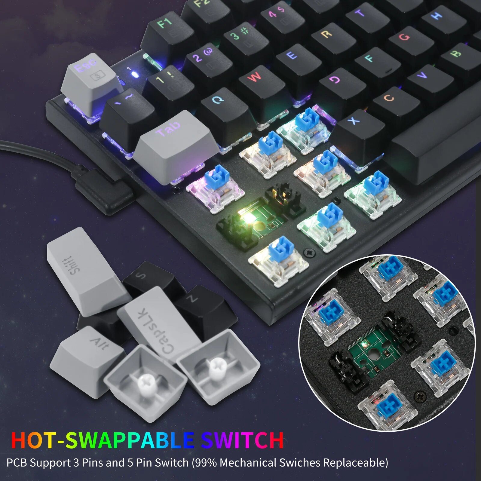 Механическая игровая клавиатура E-YOOSO Z-19, настоящая RGB-подсветка, 5-контактная с возможностью горячей замены, 94 клавиш для ПК/компьютера, Black gray blue, Коричневый переключатель