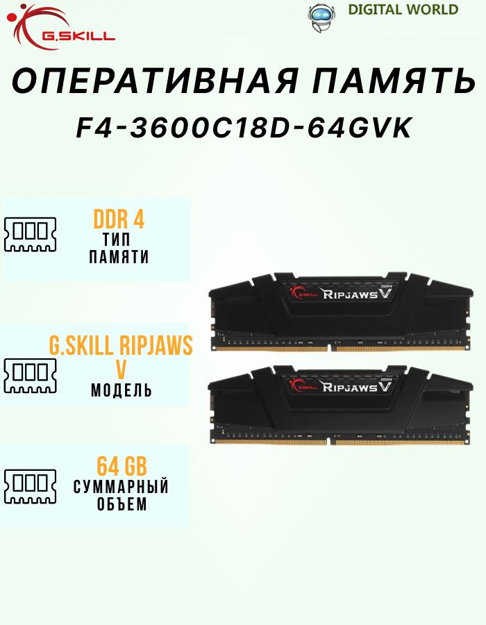 Оперативная память G.skill DDR4 64Gb (2x32Gb) 3600MHz pc-28800 Ripjaws V CLASSIC BLACK (F4-3600C18D-64GVK)