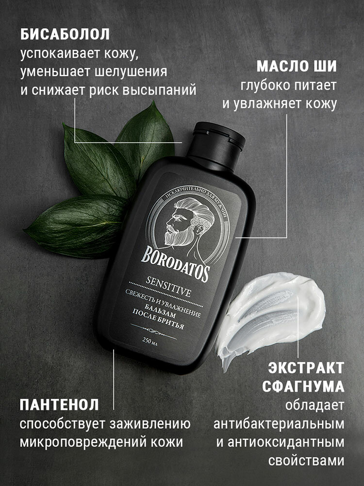 Изображение Borodatos Бальзам после бритья мужской "ветивер и перец" SENSITIVE, 250 мл