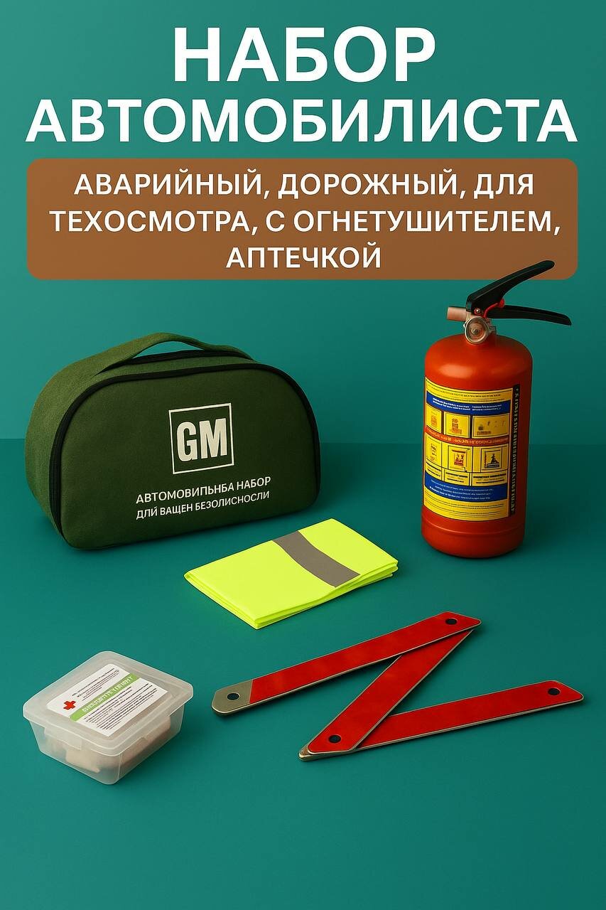 Набор автомобилиста, аварийный, дорожный, для техосмотра ТО с огнетушителем, аптечкой