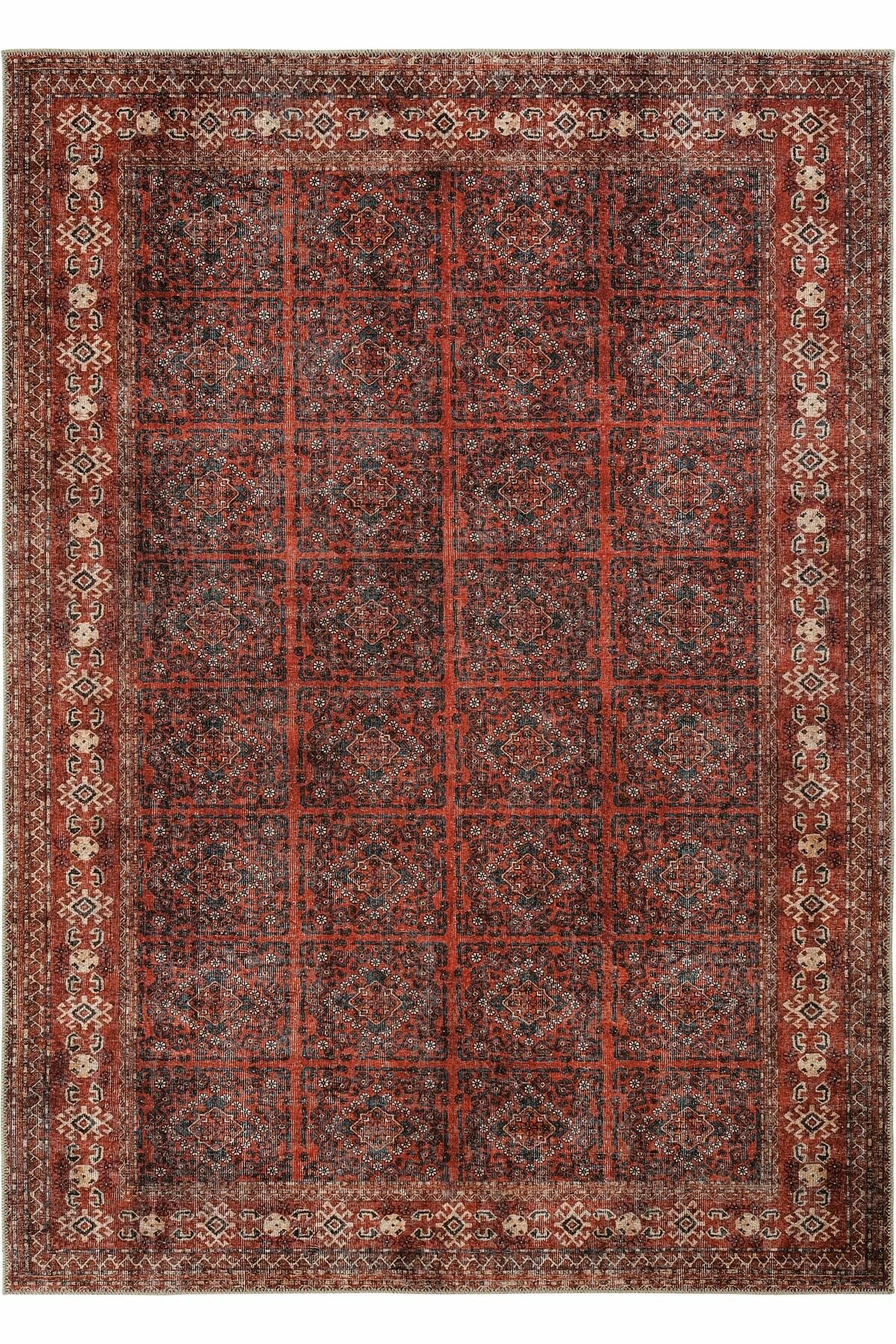 Cool Hali Private 61-059 Винтажный ковер 75x150 см с геометрическим узором цвета гранатовый бархат (бордовый бежевый синий белый)