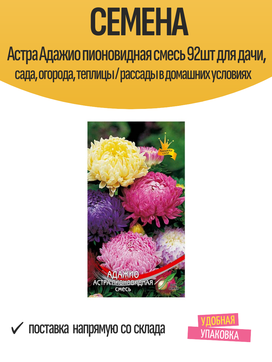 Семена Астра Адажио пионовидная смесь 92шт для дачи, сада, огорода, теплицы / рассады в домашних условиях