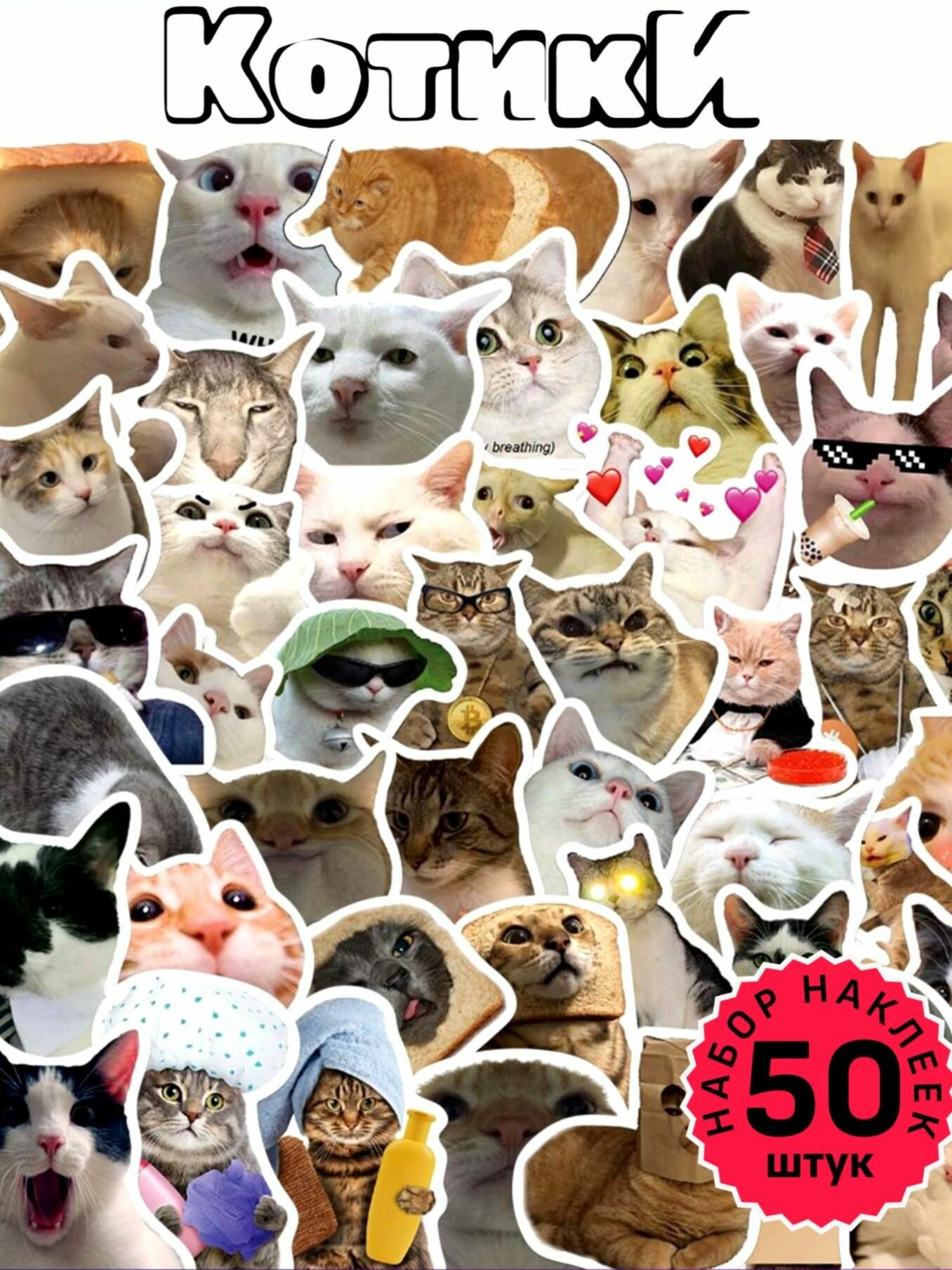 Наклейки мемные котики 50шт. Стикеры мемы на телефон, чехол, тетрадь.