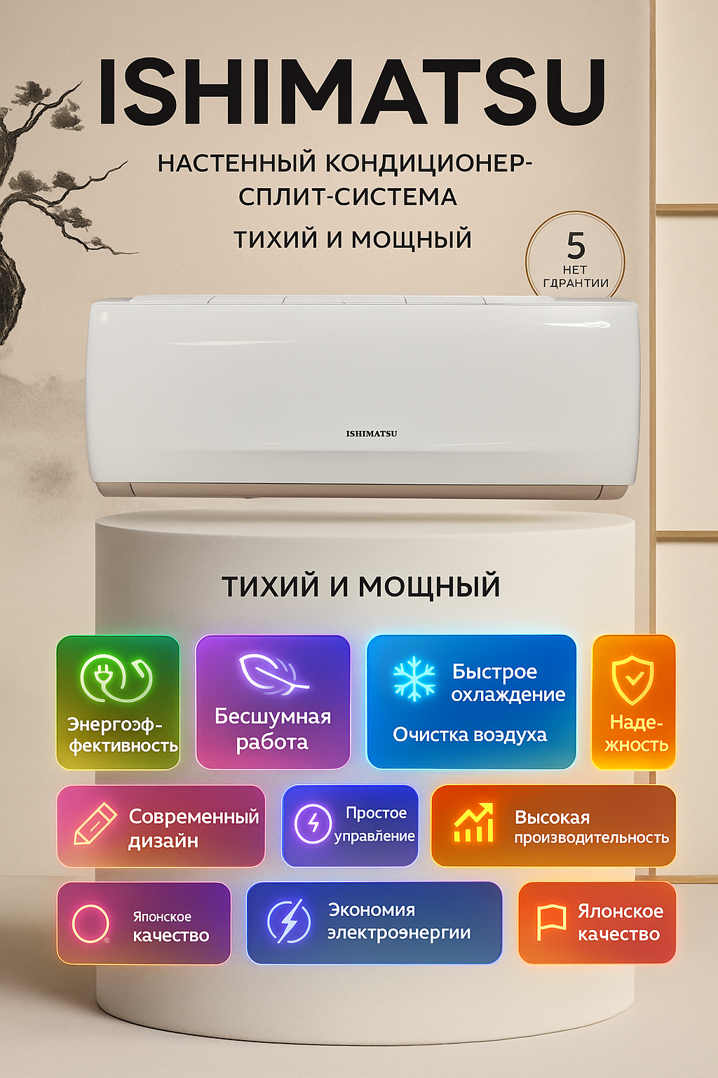 Кондиционер на 30 м2 ISHIMATSU Тихий Мощный CVK-10H компрессор GMCC/GREE, белый.