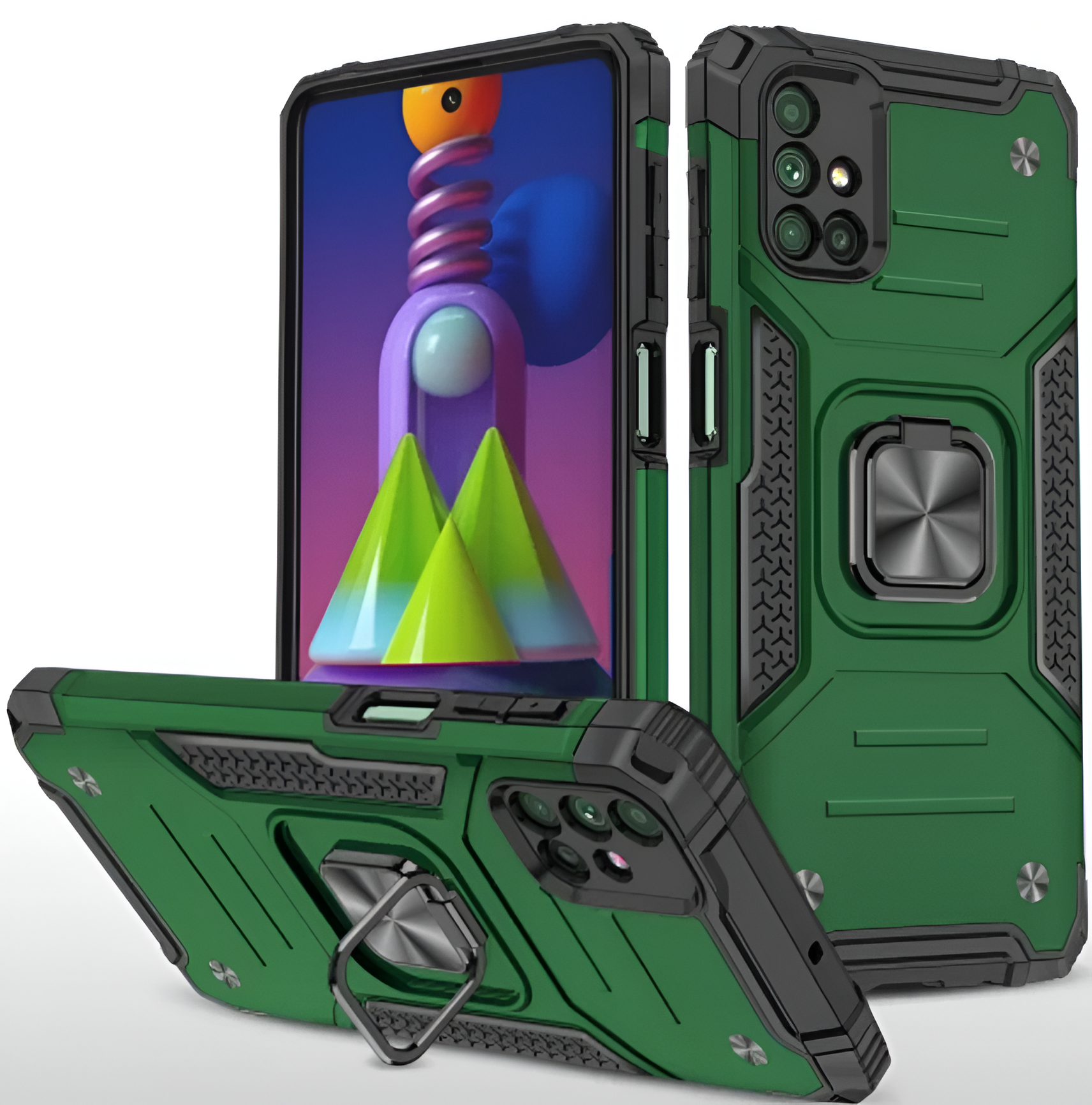 Противоударный чехол для Samsung Galaxy M51 M515 зеленый с пластиной для магнитного автодержателя и кольцом подставкой