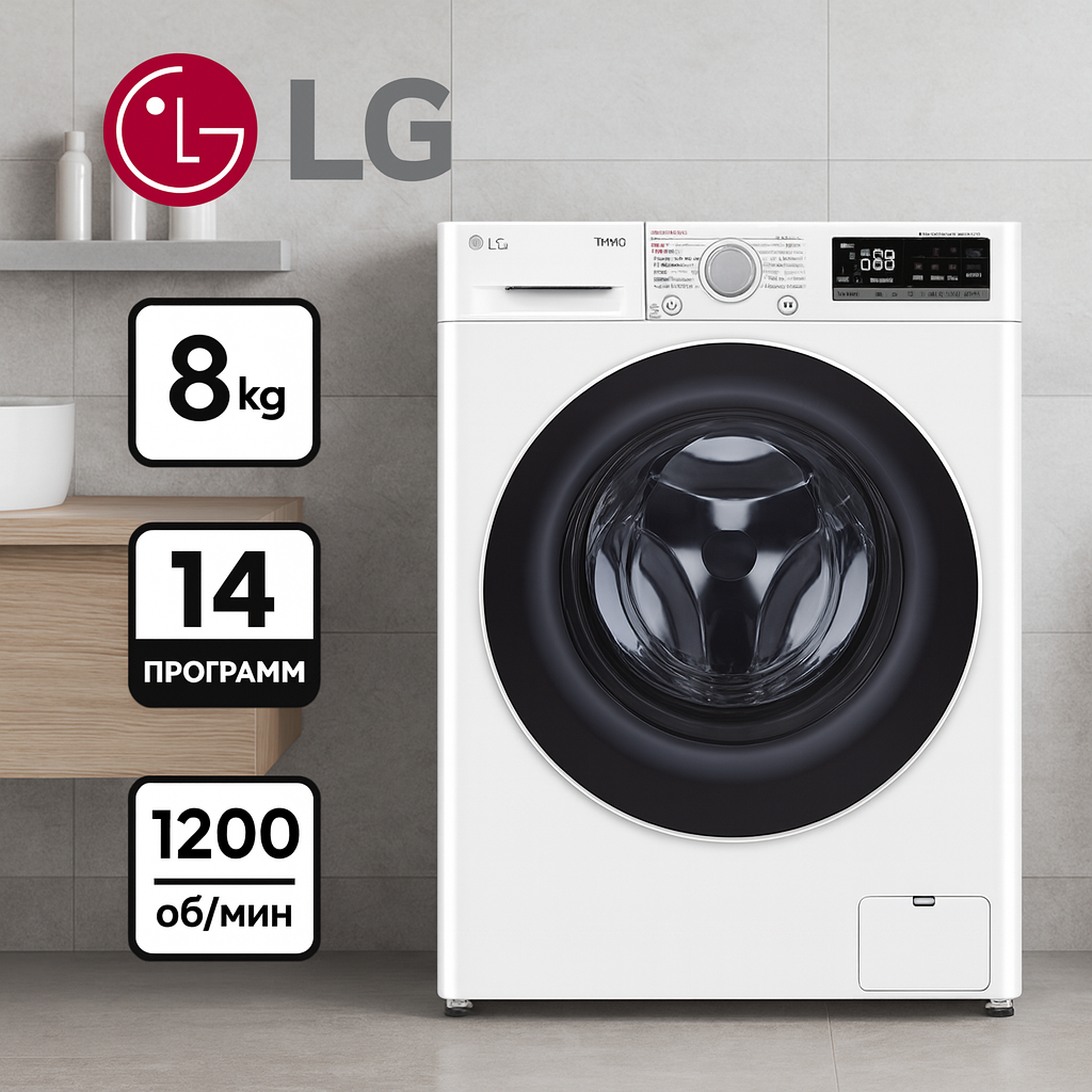 Стиральная машина LG F2V5PS0W, 8 кг, инверторный мотор с прямым приводом, 1200 об/мин, защита от детей, белый