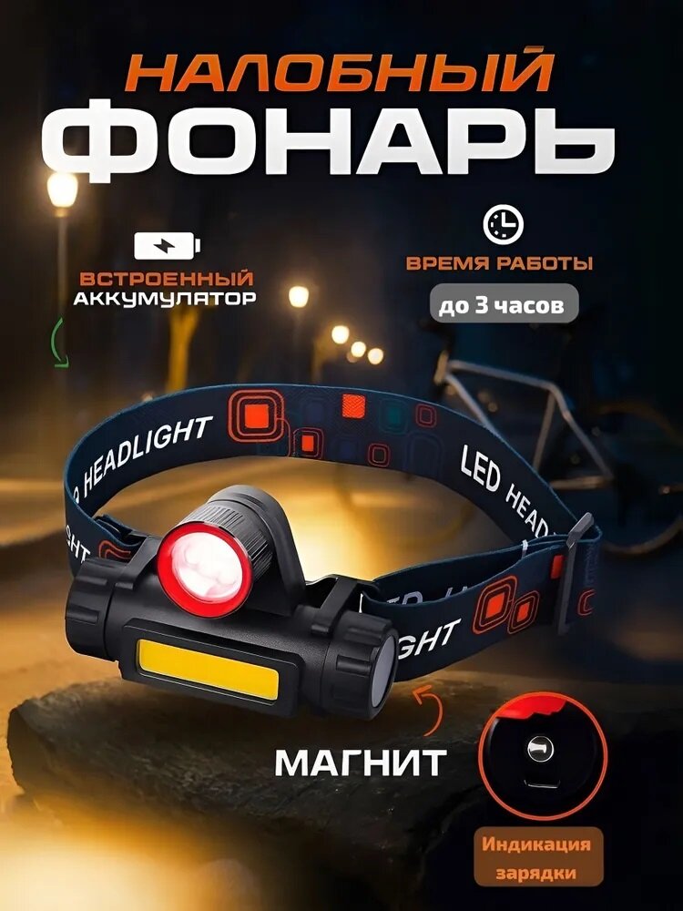 Компактный диодный USB заряжаемый налобный фонарь высокой мощности с зумом, магнитом и 4 режимами работы