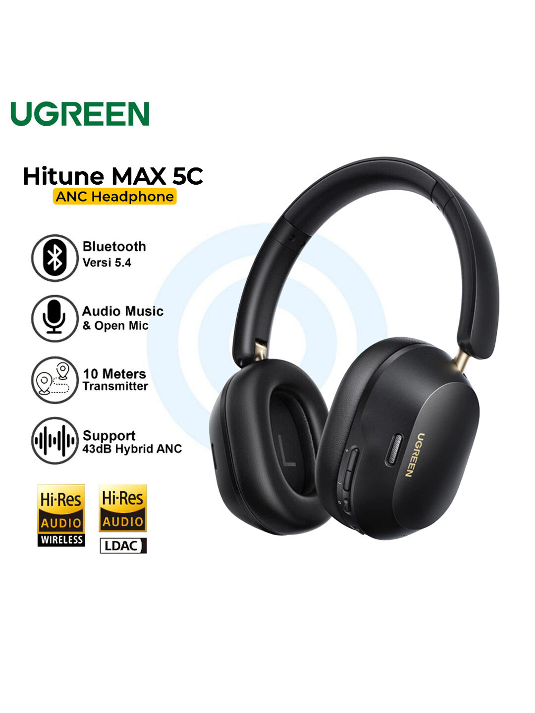 Наушники UGREEN HiTune Max5C — LDAC, Hi-Res, ANC 43 дБ, Bluetooth 5.4, до 90 часов работы — фото 1