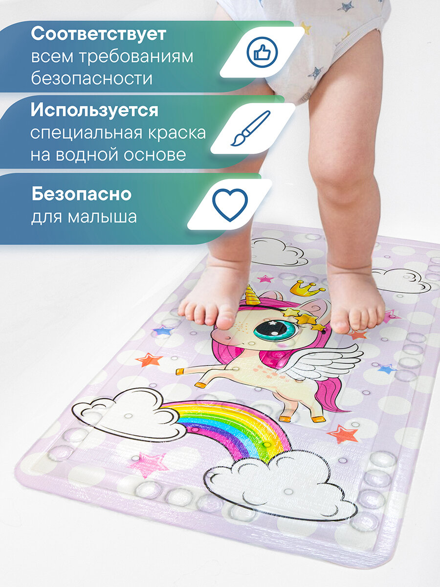 Коврик для ванны мягкий детский "Непоседа" противоскользящий с присосками 37х70 см Единорог