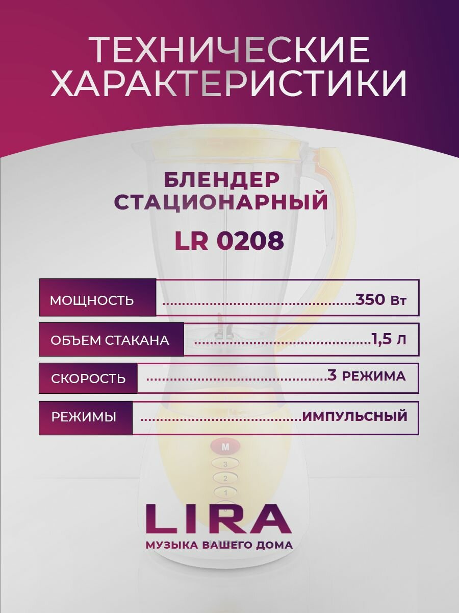 Блендер LIRA LR0208, стационарный, 350Вт, 1,5 л, импульсный режим, пластик — фото 1