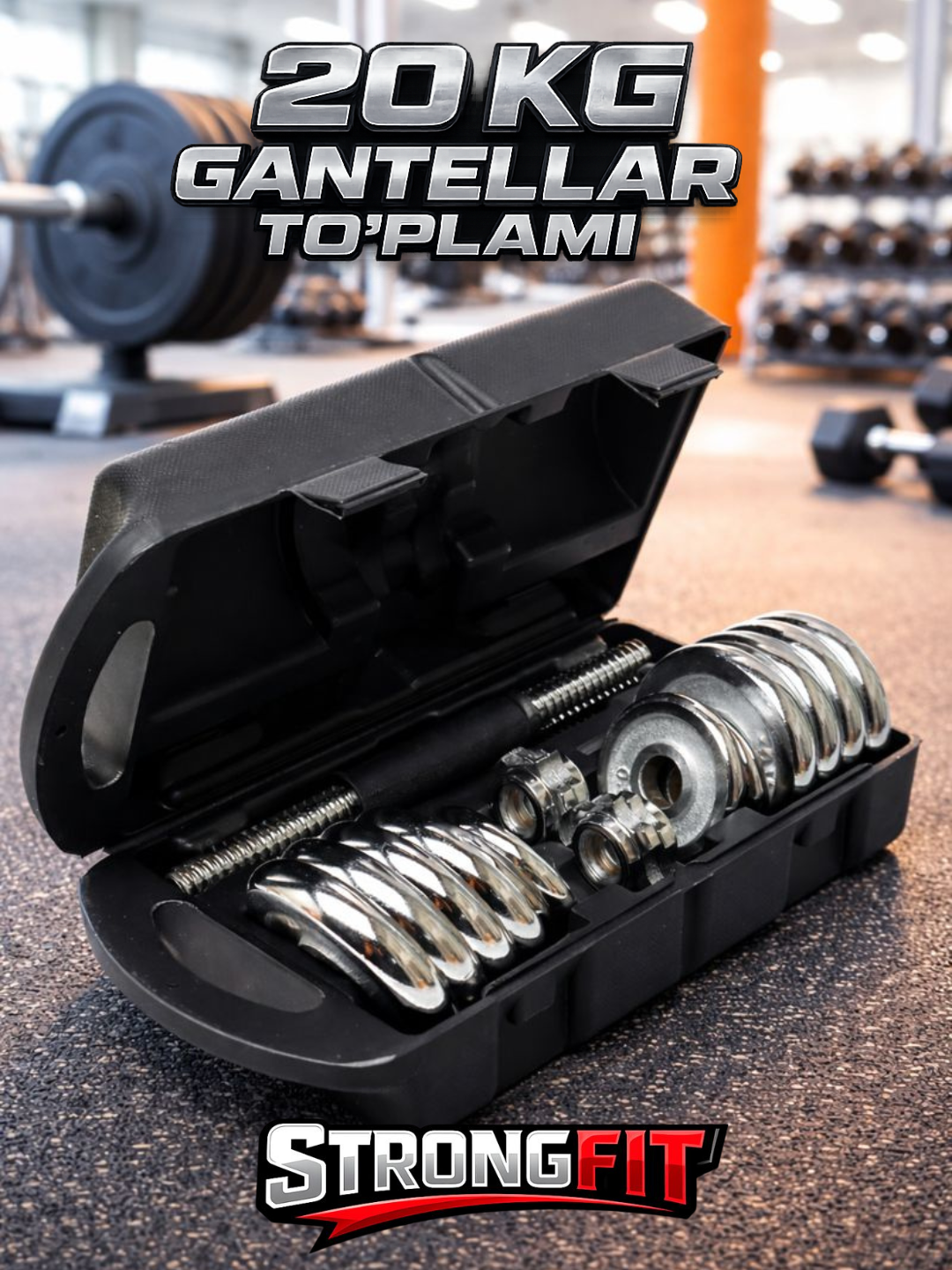 Uyda va sport zalida foydalanish uchun g'ilofda xrom qoplangan 20 kg og'irlikdagi gantellar to'plami.