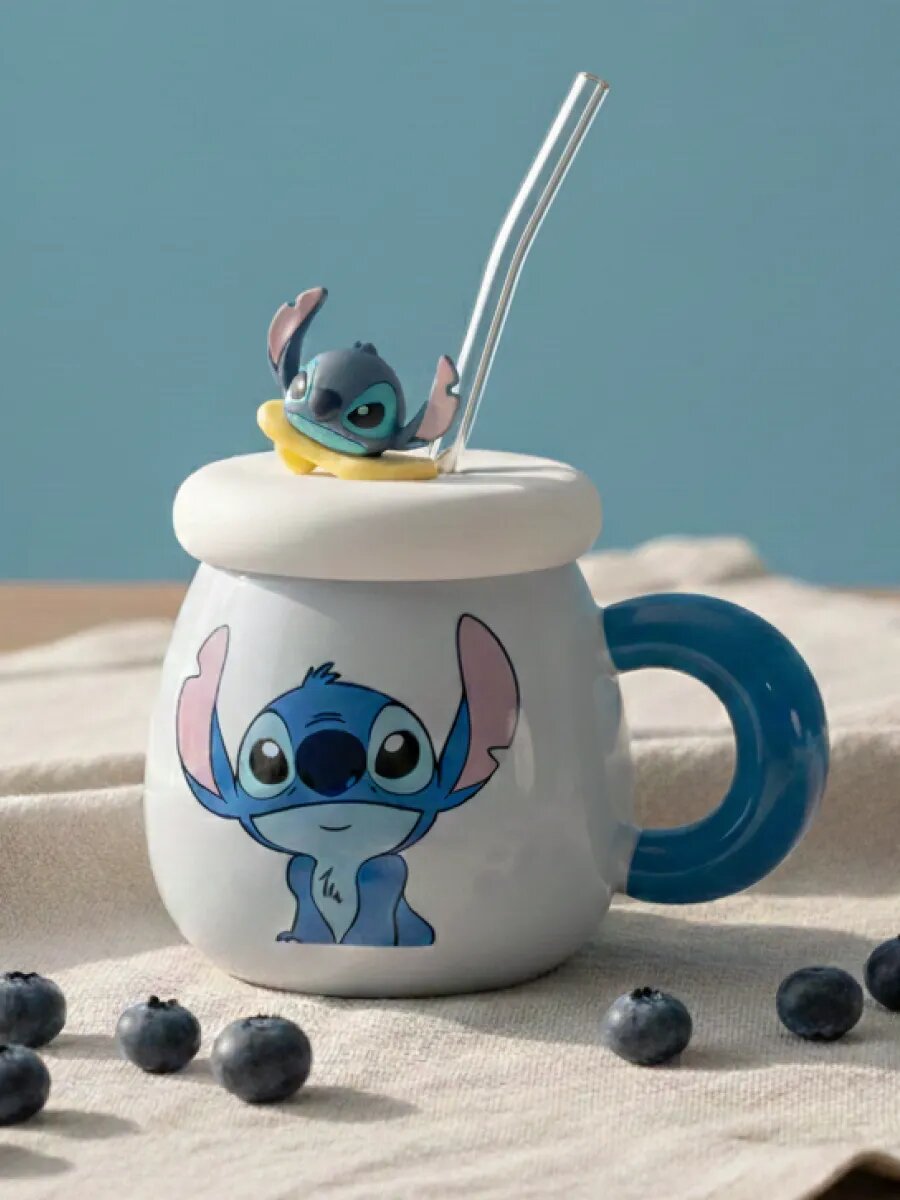 Кружка Тепло в руках "Стич", керамика, для детей, с крышкой, голубая