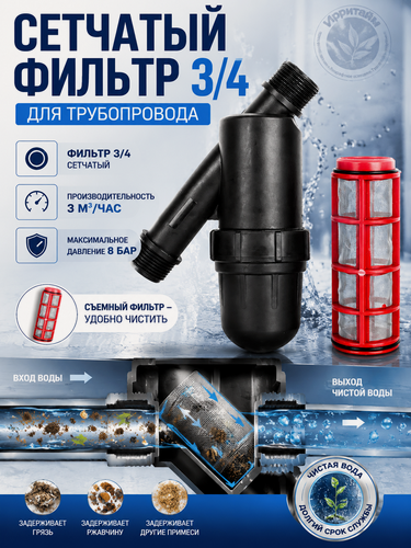 Изображение товара Фильтр сетчатый Irritime ПНД 3/4" (20 мм) с сеткой 120 мкм для воды | Косой промывной фильтр грубой очистки
