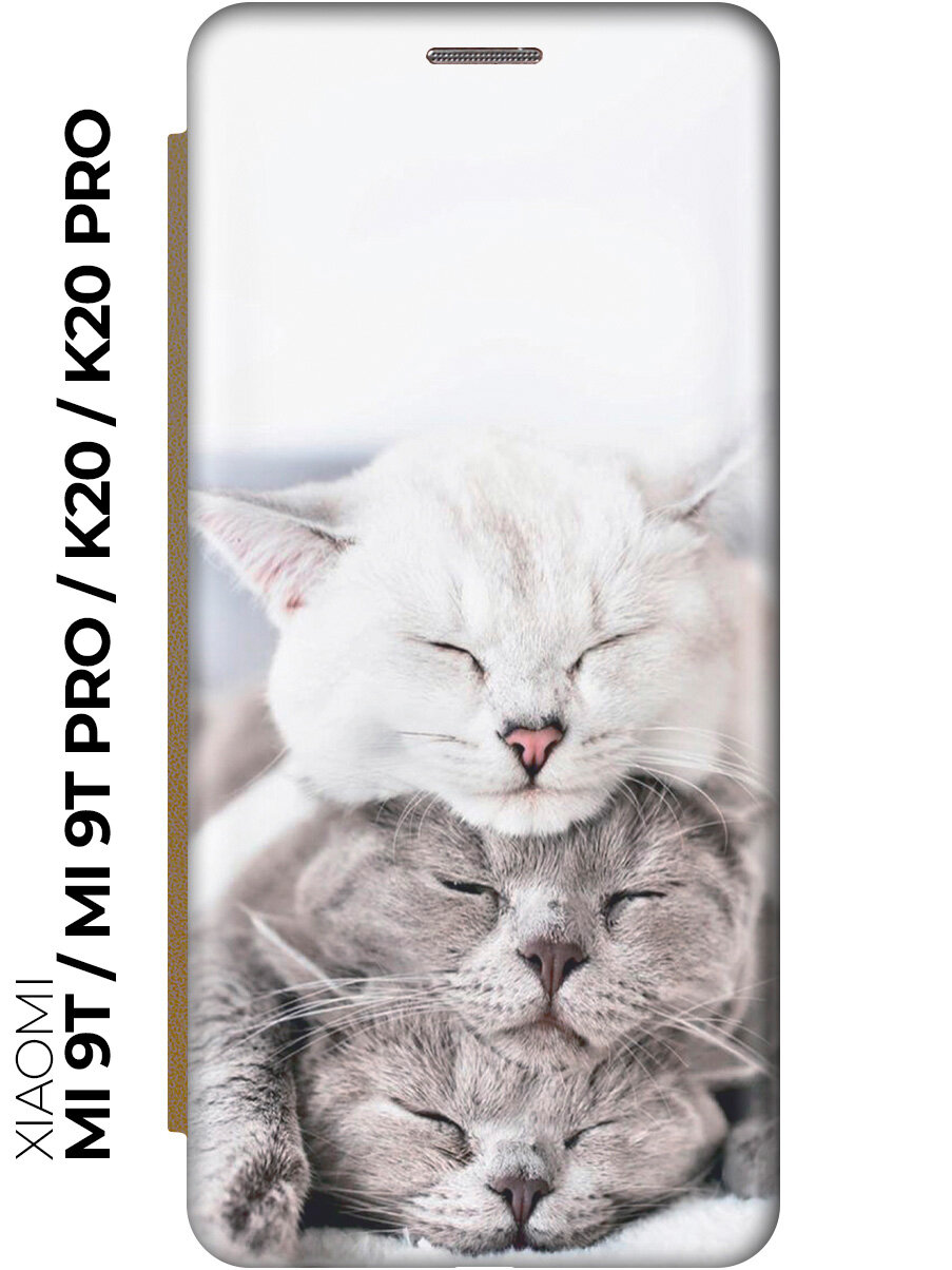 Чехол-книжка Три кота на Xiaomi Mi 9T / Mi 9T Pro / K20 / K20 Pro / Сяоми Ми 9Т / Ми 9Т Про золотой