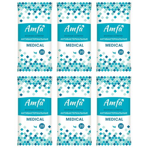 Amfa Влажные салфетки Антибактериальные 20 штук, 6 уп салфетки влажные amfa освежающие 15 шт