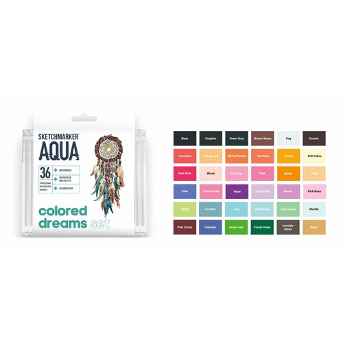 фото Набор акварельных маркеров sketchmarker aqua pro colored dreams (цветные сны) , 2 пера (кисть и тонкое), 36 цветов
