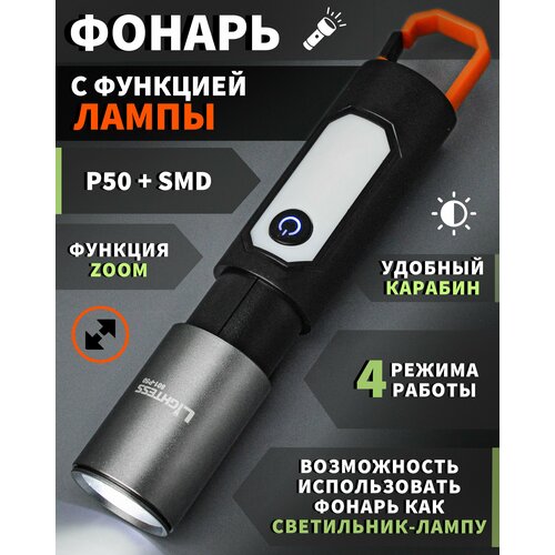 Фонарь-лампа с функцией светильника и боковым светом, карабином, ZOOM, Type-C USB / Для кемпинга, рыбалки, ручной аккумуляторный, тактический фонарик