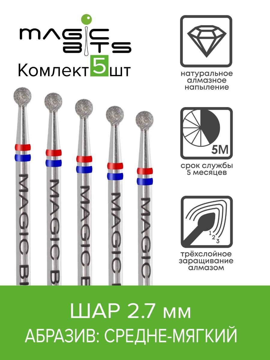 Magic Bits Набор фрез Алмазный шар 2.7 мм с натуральным напылением средне-мягкого абразива