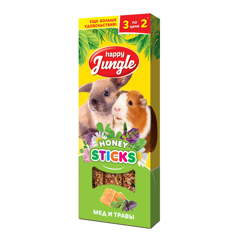 Хэппи Джангл Палочки для кроликов шиншилл морских свинок мед + травы 3 шт