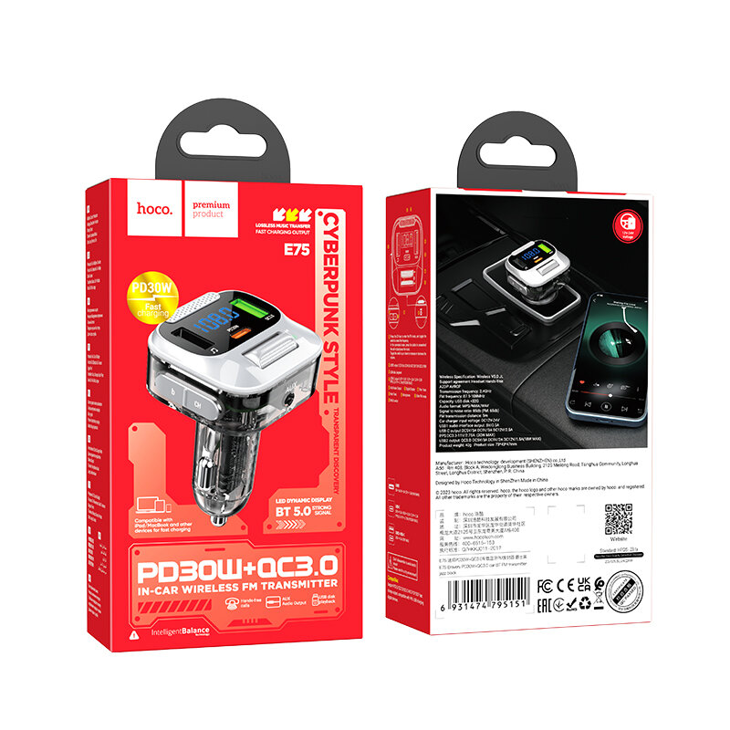 Bluetooth FM модулятор, E75, HOCO, 1 USB QC3.0+1 USB 5V/0.5A (music interface)+1 PD 30W, черный — фото 1