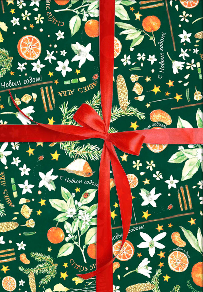 Упаковочная подарочная бумага новогодняя Апельсины и мандарины  Даринчи   29 НГ рулон  6 листов   480 690 мм  Даринчи