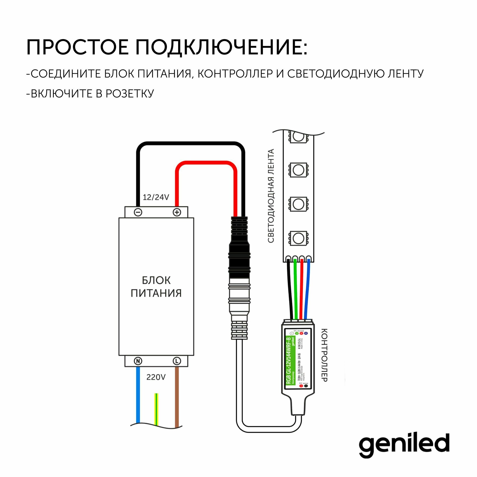Контроллер для LED-ленты Geniled, управление по Bluetooth, с пультом, чёрный, 10 см — фото 1